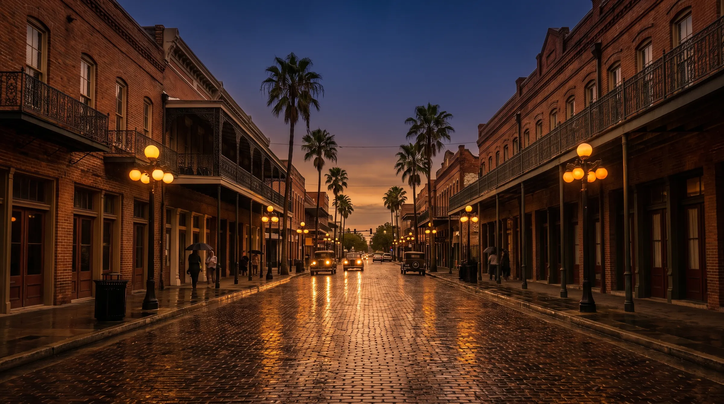 Historic Ybor City brick street at dusk